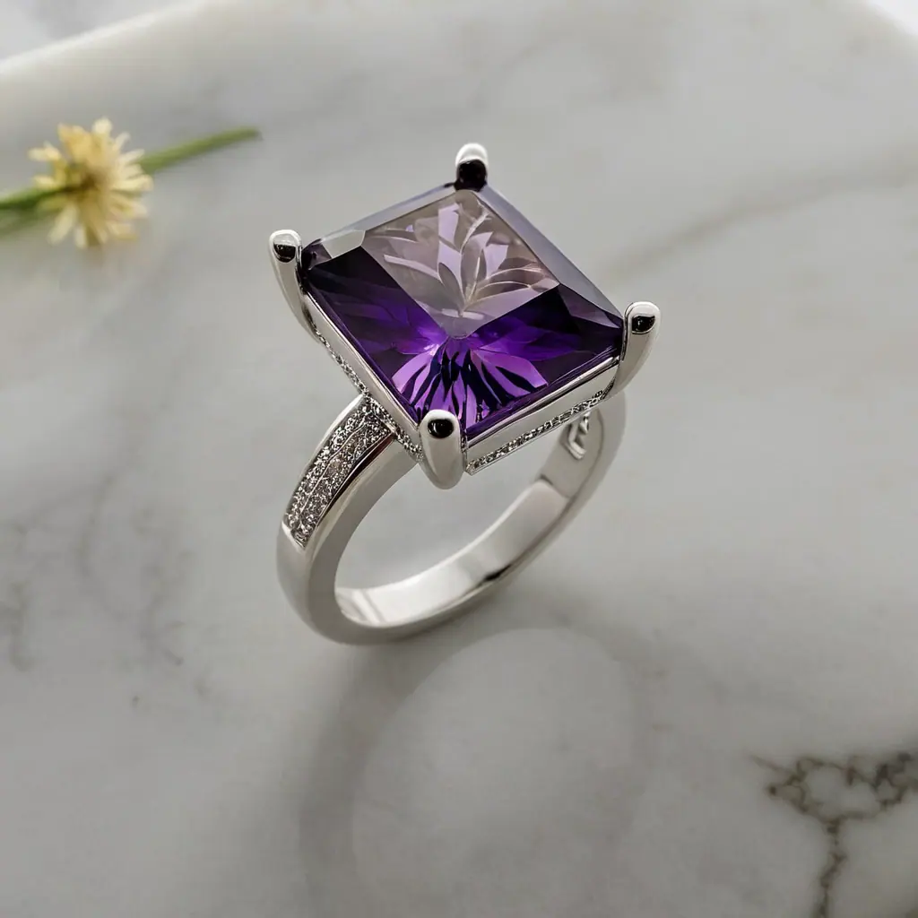 White gold ring with an amethyst on marble