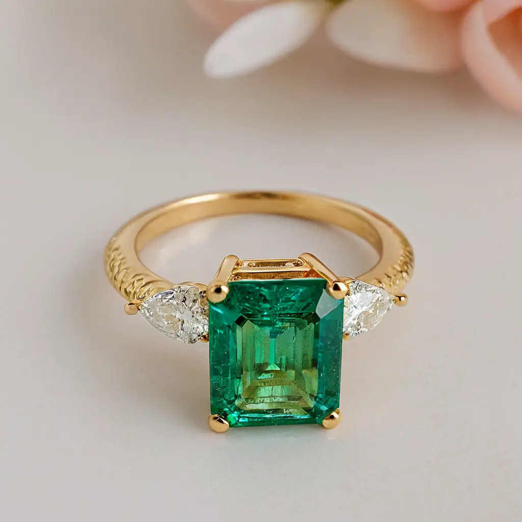 Gold emerald ring with pear-cut diamonds on a stone surface