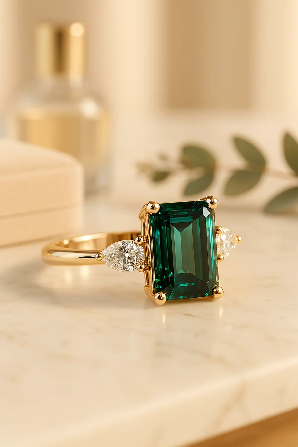 Gold emerald ring on a marble shelf beside a perfume bottle