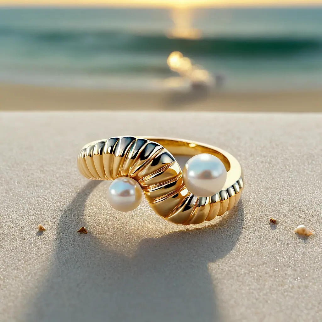 Gold ribbed ring with two pearls on a beach
