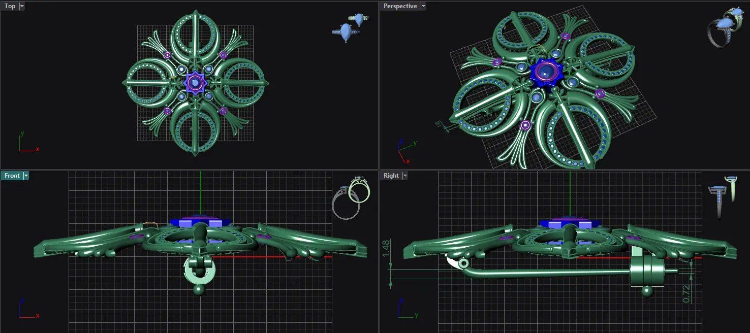 Four-viewport CAD model of the Adi Shakti brooch
