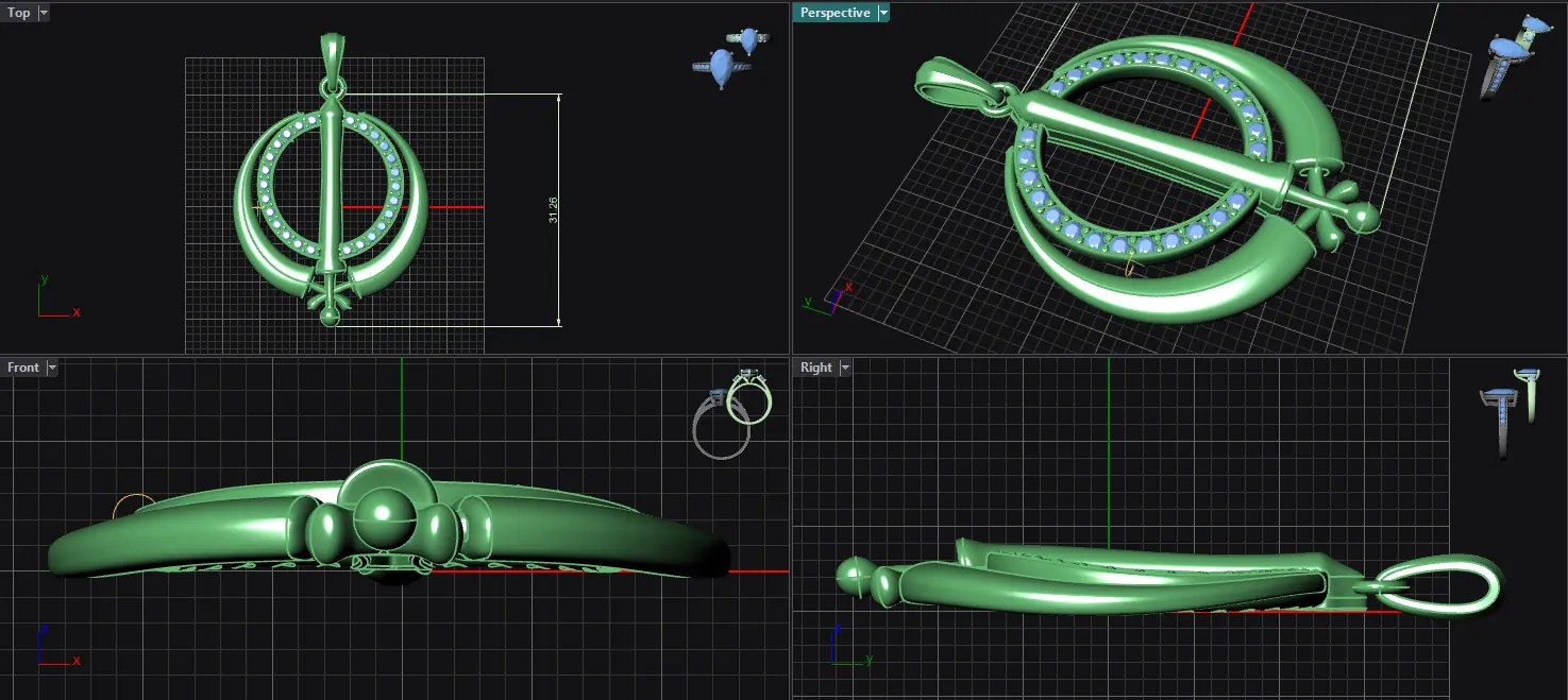 Four-viewport CAD model of an Adi Shakti pin