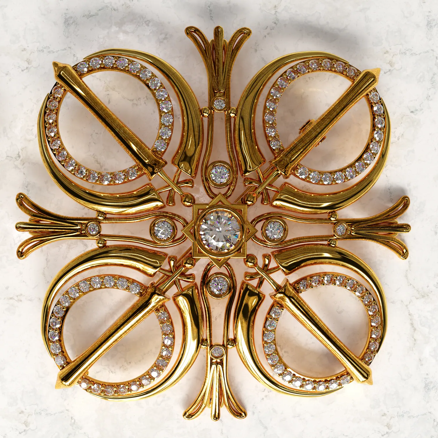 Top view of the Adi Shakti brooch with pave-set stones on marble