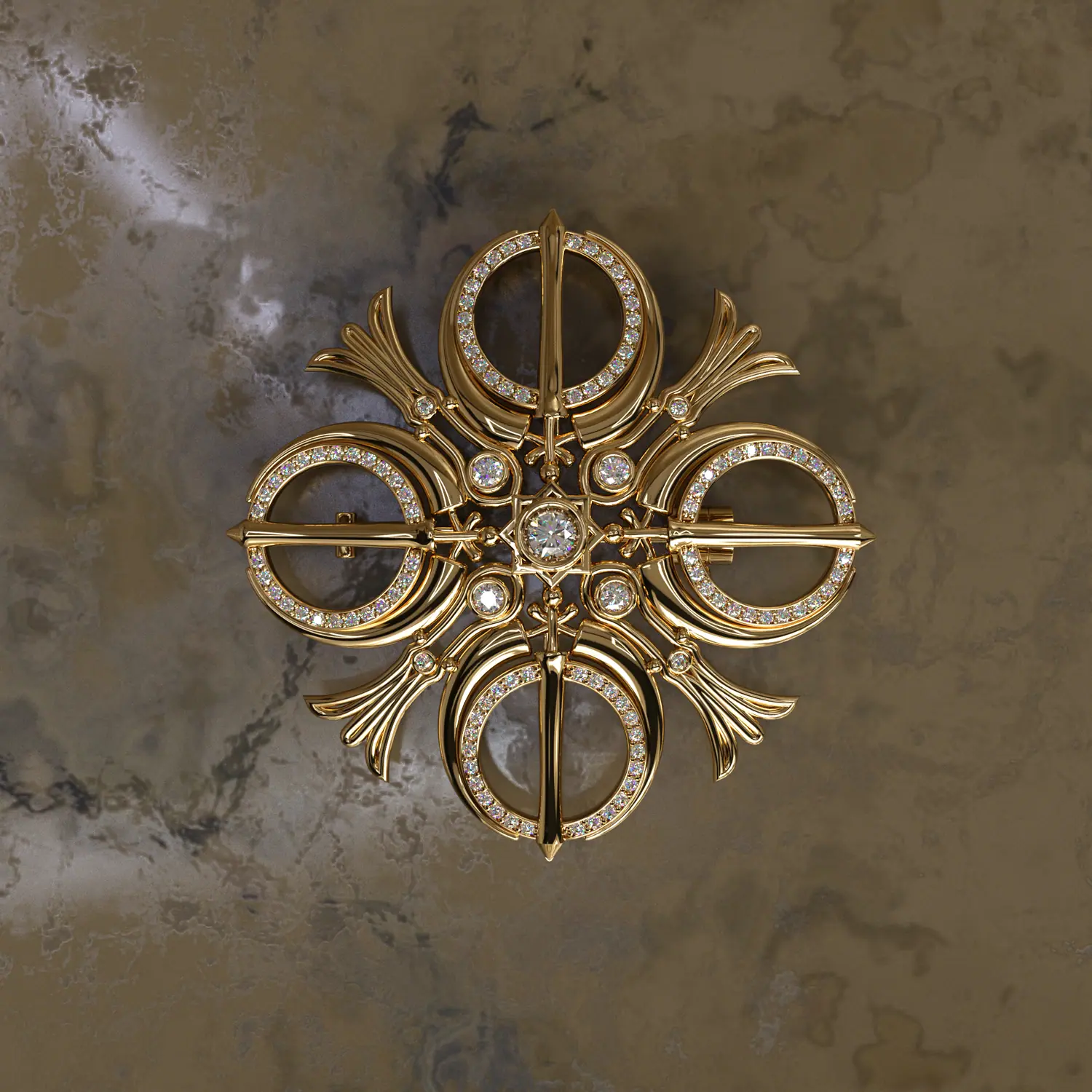Render of the Adi Shakti brooch on dark stone