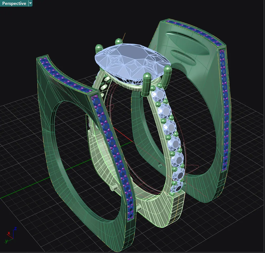 CAD model of a wedding ring set with pave stones