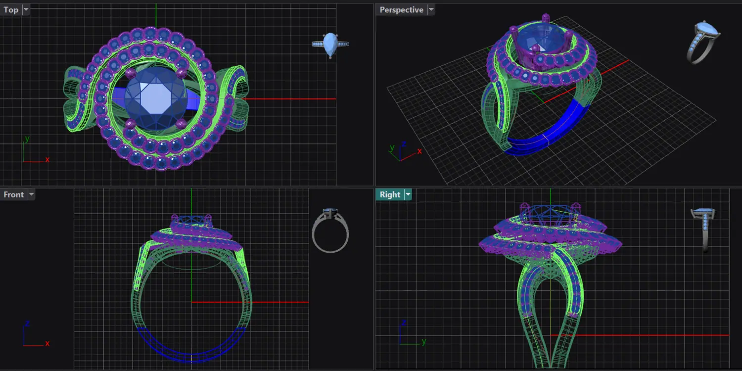 Four-viewport CAD model of a halo ring