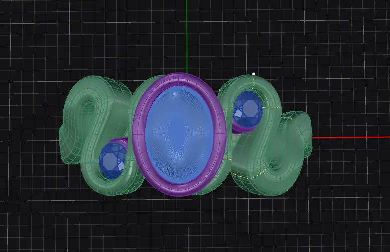 CAD model of an oval stone ring with sapphire accents