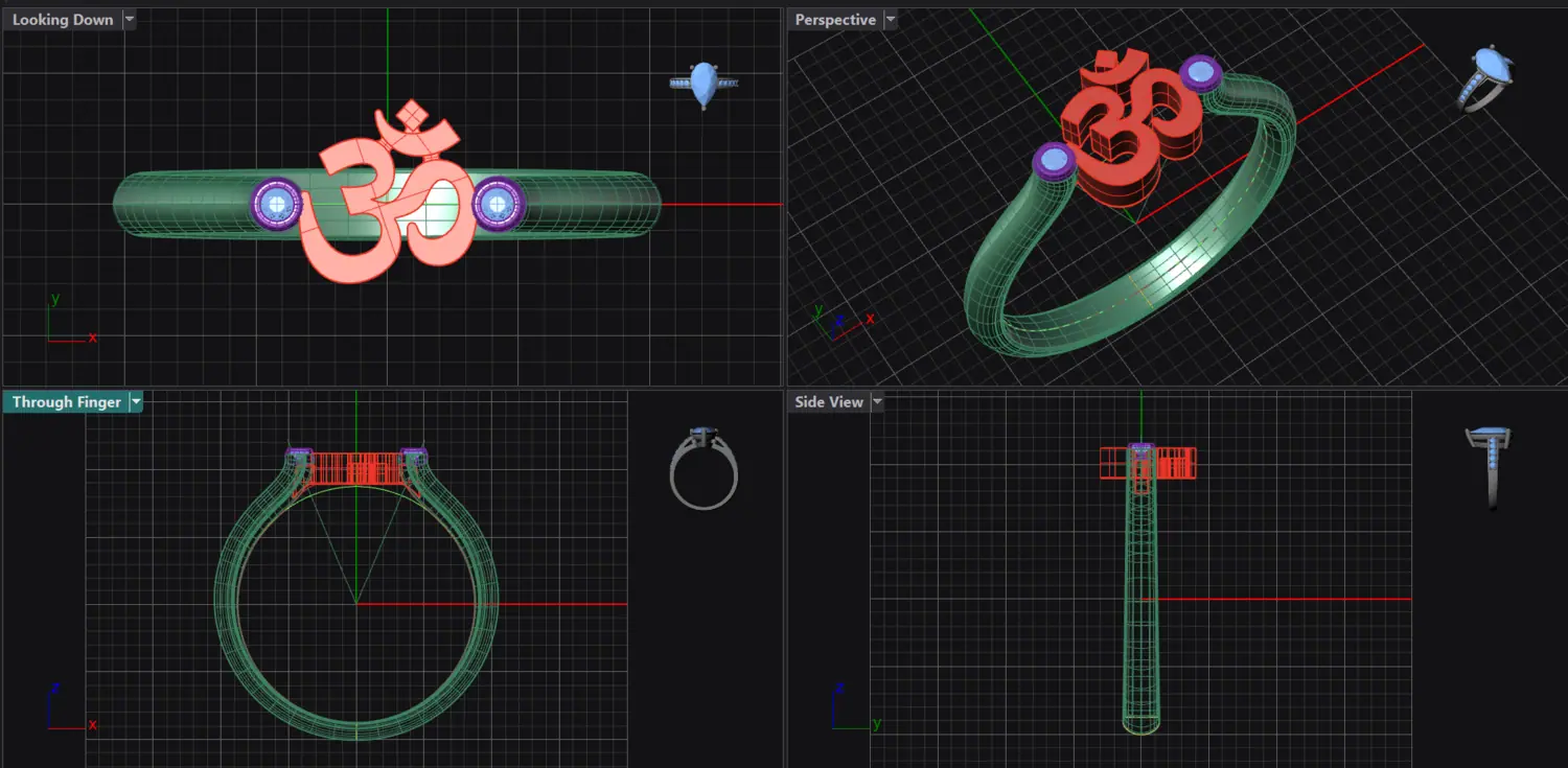 Four-viewport CAD model of the Om ring