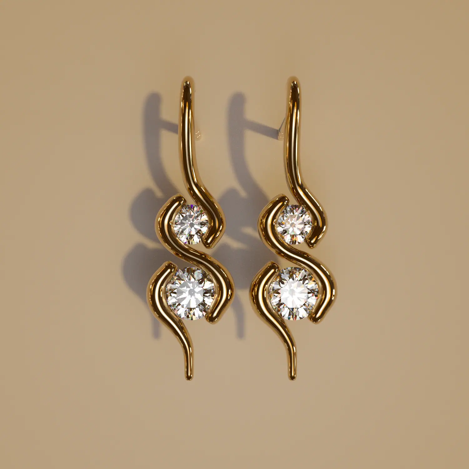 Gold wave drop earrings with two diamonds each
