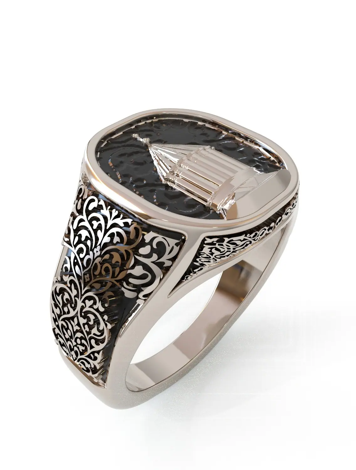 White gold signet ring with an engraved building, angled view
