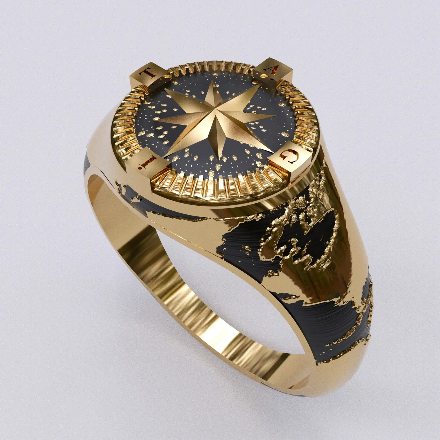Gold compass signet ring with a world map in black enamel