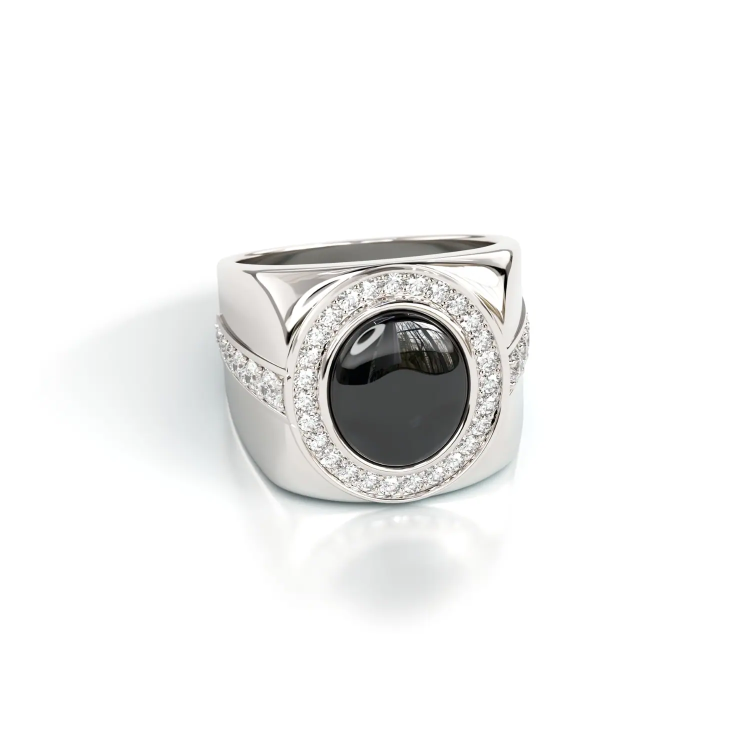White gold ring with a black stone and diamond halo