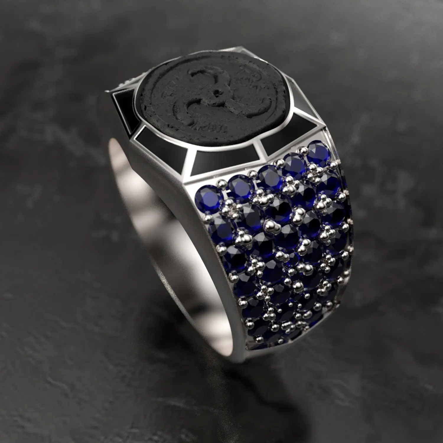 Silver ring with black enamel and sapphire pave