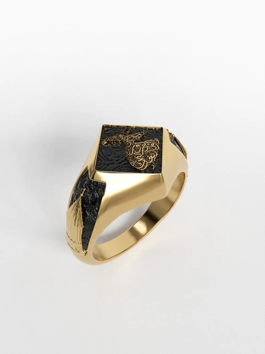 Gold square signet ring with black enamel