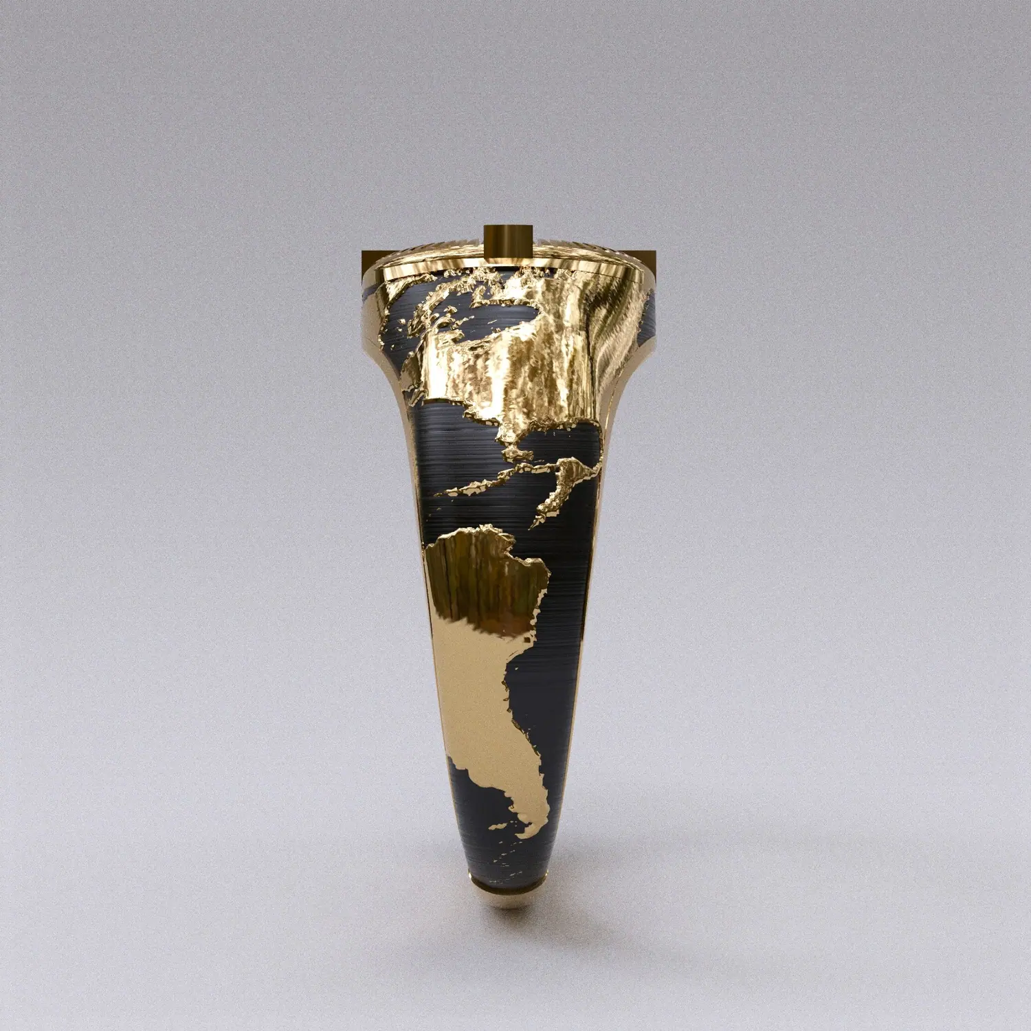 Gold ring with a world map in black enamel, side view