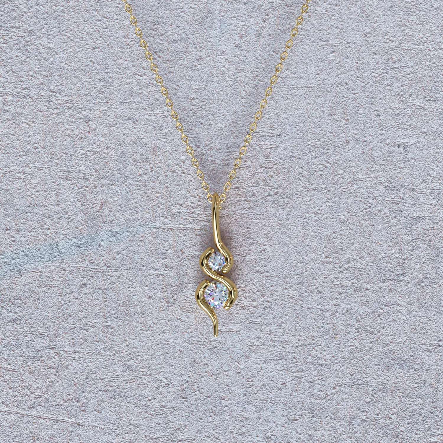 Gold necklace with a wave pendant and two diamonds