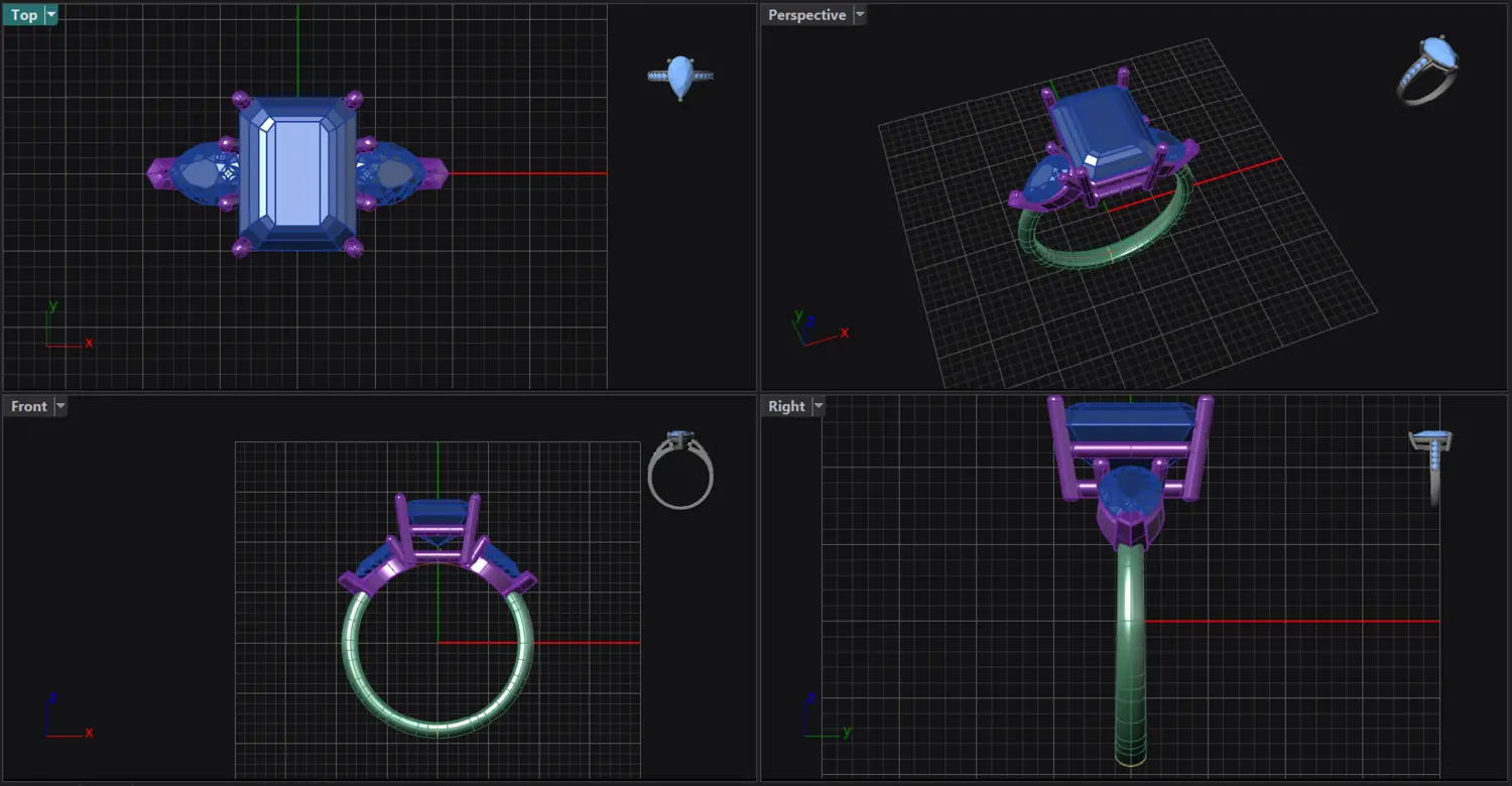 Four-viewport CAD model of an emerald-cut three-stone ring