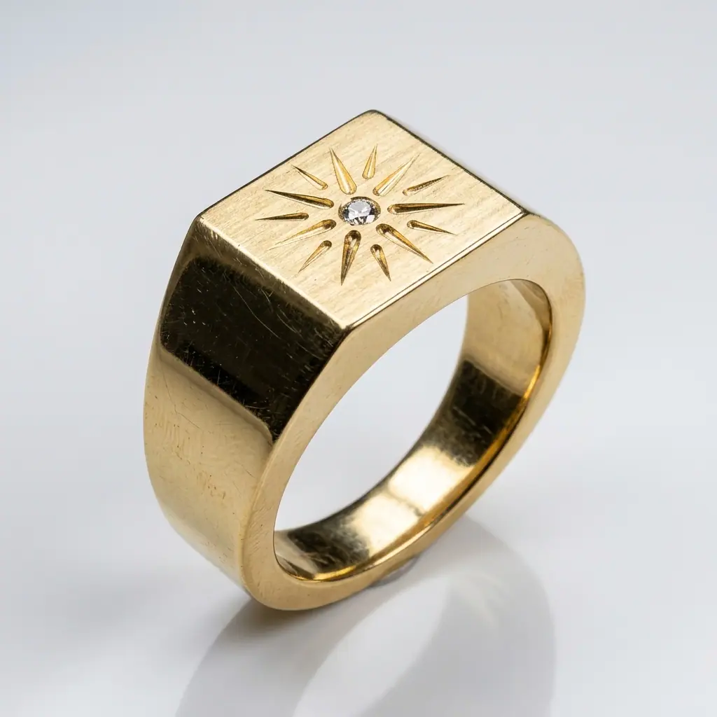 Gold signet ring engraved with sun rays and a diamond