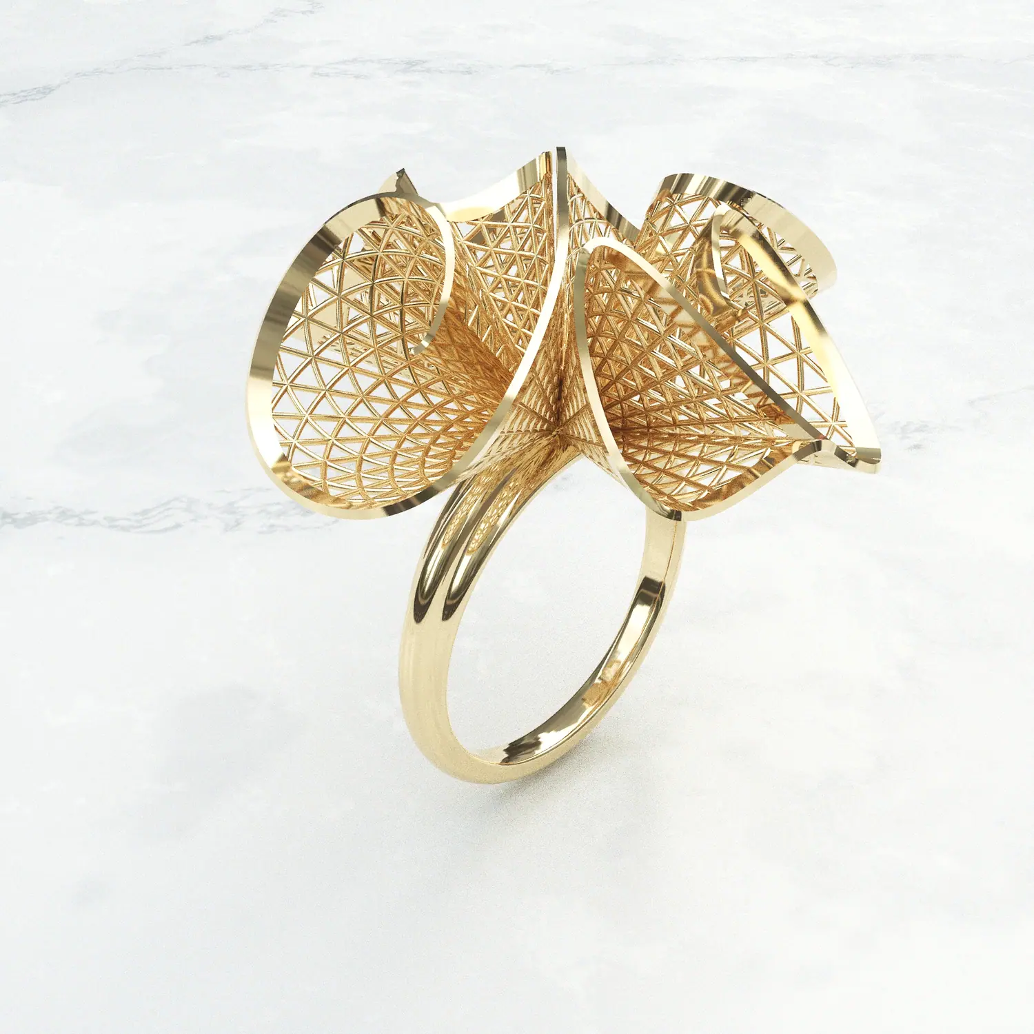 Gold origami bloom ring with lattice petals