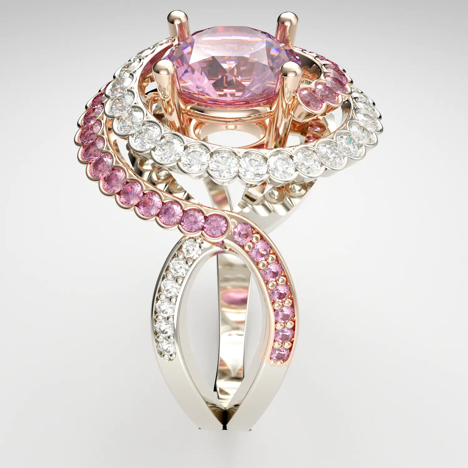 Spiral halo ring with a pink stone and diamonds