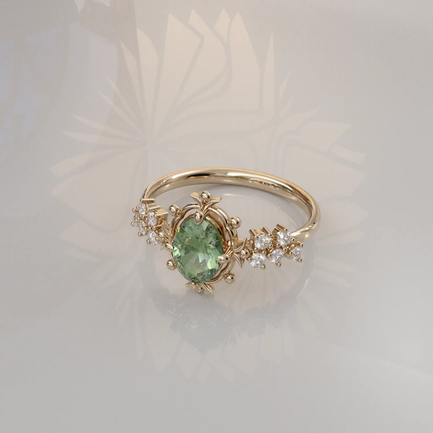 Rose gold ring with a green oval stone and diamond clusters