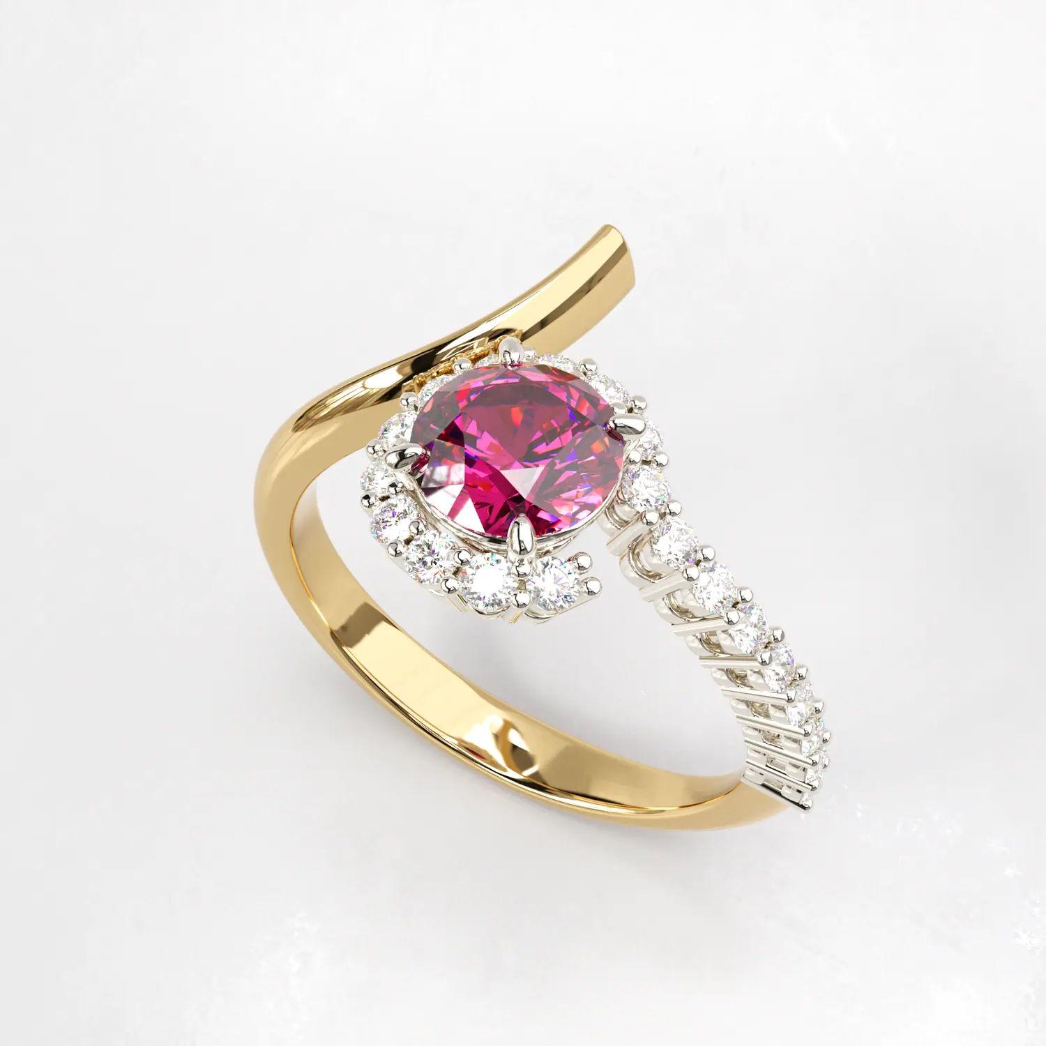 Gold bypass ring with a ruby-coloured halo