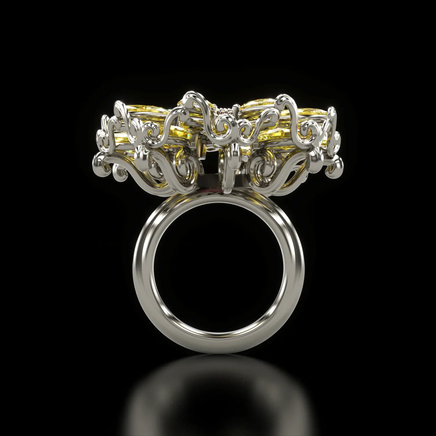 Sunflower cocktail ring in white metal on black